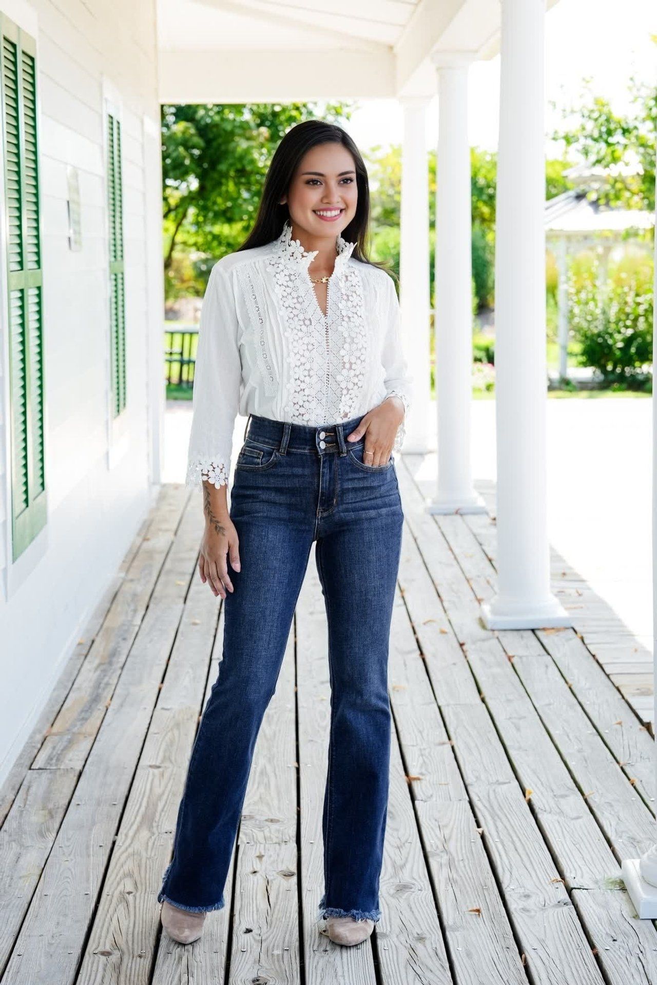 Vintage Double Button Frayed Hem Bootcut Jeans (Buy 2 Free Shipping)